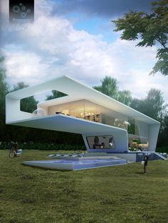 an artistic rendering of a modern house in the middle of a grassy area with people walking around