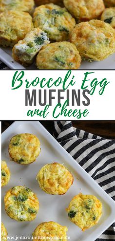 broccoli egg muffins and cheese on a white plate with text overlay