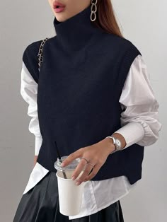 Women's Solid Color Turtleneck Sweater Vest Navy Blue Casual   Knitwear Plain  Slight Stretch  Women Clothing, size features are:Bust: ,Length: ,Sleeve Length: Winter Mode Outfits, Chique Outfit, Black And White Outfit, Casual Knitwear, Turtle Neck Sweater, Sweater Vest Women, Womens Turtleneck, Vest Outfits, Mode Vintage