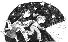 a drawing of two people in front of stars