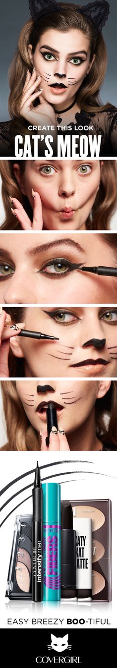 Follow this Halloween DIY Tutorial to create the Spooky Halloween Cat look. Use truBLEND Contour Palette for pretty kitty definition, then play up your eyes with soft, smokey shadow. Use Super Sizer Fibers Mascara for outrageously long lashes. Next, use Intensify Me! Eyeliner to create dramatic Cat’s eyes and draw on a cute nose and whiskers. Finish the look with Katy Kat Matte Lipstick in Perry Panther on your upper lip only. Easy, Breezy, Boo-tiful! Halloween Diy Tutorials, Hair Tutorial Drawing, Dramatic Cat, Halloween Makeup Tutorial Easy, Make Up Diy, Cat Halloween Makeup, Cute Nose, Katy Kat, Tutorial Drawing