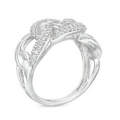 Update your look when you wear this eye-catching diamond oval link ring, a smart addition to your day or evening looks. Fashioned in sterling silver Two rows of diamonds line the center oval-shaped link. Interlocked at the sides, oval-shaped links are sculpted to show their diamond-lined and polished sides. This ring captivates with 1/2 ct. t.w. of diamonds. Silver Infinity Diamond Ring With Accents, Silver Infinity Ring With Diamond Accents, Modern Silver Oval Link Ring, Modern Twist Ring With Diamond Accents, Modern Twist Diamond White Rings With Diamond Accents, Modern Twist Oval Ring For Formal Occasions, Silver Infinity Diamond Ring Fine Jewelry, White Jewelry With Diamond Accents And Modern Twist, Modern White Jewelry With Diamond Accents