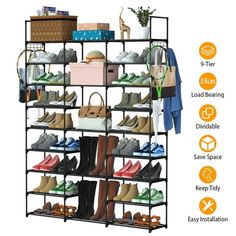 the shoe rack is holding many pairs of shoes and purses on it's sides