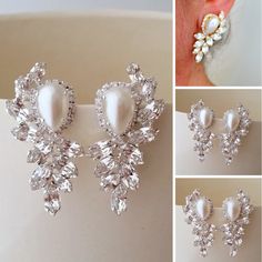 Glamorous Cluster Earrings With Sparkling Stones For Wedding, White Bling Earrings For Wedding, Silver Pearl Embellished Crystal Earrings, Glamorous Wedding Crystal Earrings With Pearl Drop, Silver Crystal Pearl Embellished Earrings, Pearl White Crystal Bridal Earrings For Party, Glamorous Silver Pearl Earrings For Wedding, Pearl Earrings With Rhinestones For Wedding, Glamorous Crystal Pearl Earrings For Wedding