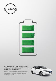 an ad for nissan showing the green car's front and back end covers, with text that reads always supporting green energy