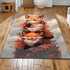 a rug with three foxes sitting on top of each other in the middle of a room