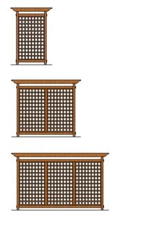 three wooden windows with lattices on each side and one window above the other, in front of a white background