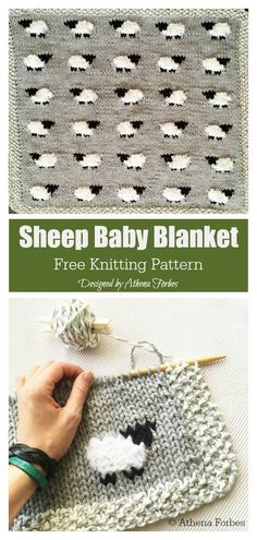 the sheep baby blanket is being worked on by someone using knitting needles to knit it