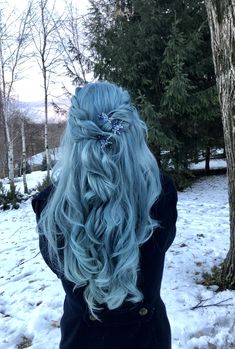 Blue Hair Styles Hairstyles, Blue Hair On Blonde, Light And Dark Blue Hair, Blue Hair Wedding, Cool Toned Blue Hair, Perrywinkle Hair, Ice Blue Hair Color, Dark And Light Blue Hair