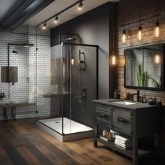 a bathroom with a sink, mirror and shower stall in the middle of the room