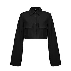 Autumn New Fashion Solid Pocket Short Shirt - Trendha Shirts For Women Black, Mom Dr, Office Top, Office Shirt, Bell Sleeve Crop Top, Shirts Style, Elegant Office, Trumpet Sleeve, The Office Shirts