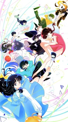 an anime poster with many different women and men in the same group, all wearing short skirts