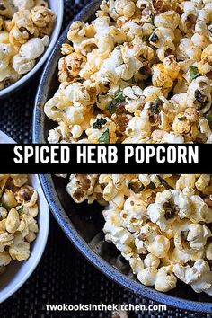 two bowls filled with popcorn and the words spiced herb popcorn on top of them