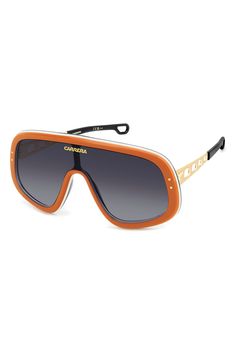 Funky Glasses, Mask Style, Carrera Sunglasses, Eye Wear, Chic Leather, Shield Sunglasses, Orange Gold, Glasses Fashion, Uv Protection