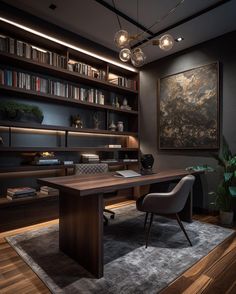 a large wooden desk sitting in front of a bookshelf filled with lots of books