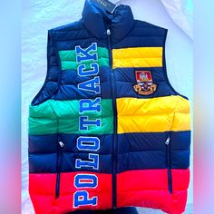 Nwt Polo By Ralph Lauren Multi Colored Down Vest Navy Color Block Outerwear For Winter, Multicolor Fitted Winter Vest, Winter Multicolor Fitted Vest, Fitted Multicolor Vest For Winter, Multicolor Cotton Winter Vest, Multicolor Cotton Color Block Outerwear, Casual Multicolor Patchwork Vest, Man Down, Polo Bear