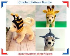 three pictures of stuffed animals wearing knitted hats and scarves with text overlay that reads, crochet pattern bundle hug headwears wildlife edition