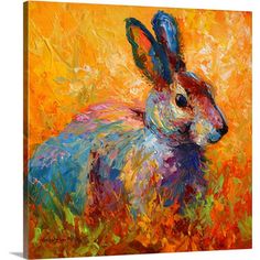 a painting of a rabbit sitting on top of a grass covered field with yellow background