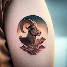 a goat tattoo on the right upper arm