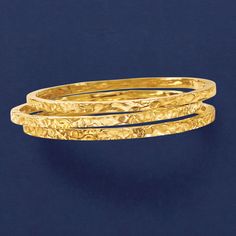 Ross-Simons - Italian 18kt Yellow Gold Over Jewelry Set: Three Hammered Bangle Bracelets. 7.5". We think it stacks up nicely. This 18kt yellow gold over sterling silver set includes three bangle bracelets with squared edges and a hammered finish. Made in Italy. Slip-on, 18kt gold over sterling bangle bracelet set. Silver Jewelry Set, Extraordinary Jewelry, Bracelet Set Silver, Sterling Silver Bangle Bracelets, Swirl Earrings, Bangle Bracelet Set, Silver Jewellery Sets, Sterling Jewelry, 24kt Gold