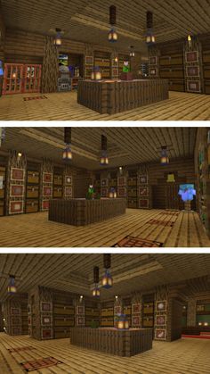 three different views of the inside of a room in minecraft, with lights on and wood flooring