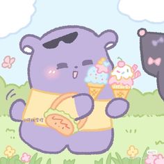 a purple bear holding an ice cream cone in its paws and eating it with another bear nearby