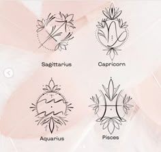 four different types of zodiac signs on a pink background with white feathers and leaves around them