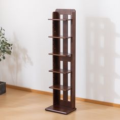 a tall wooden book shelf sitting on top of a hard wood floor next to a potted plant