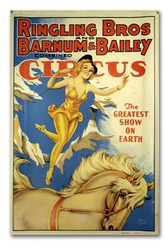 an old circus poster with a woman riding a horse