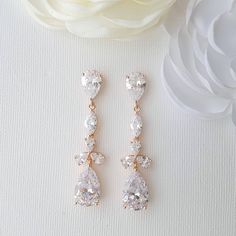 Rose Gold Drop Earrings for Weddings Long Bridal Earrings, Rose Gold Bridal Earrings, Rose Gold Drop Earrings, Crystal Bridal Earrings, Bridal Earrings Drop, Rose Gold Crystal, Earrings Rose Gold, Rose Gold Bridal, Matching Jewelry