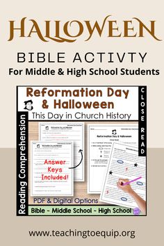 halloween bible activity for middle and high school students with information about the day in church history