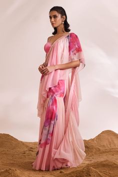 Pink abstract floral printed ruffle pre-draped saree with embellished borders. Comes with coordinating sequin, tassel blouse. - Aza Fashions Sequined Blouse, Tassel Blouse, Sharara Gharara, Drape Saree, Indian Couture, Wedding Service, Printed Sarees, Pink Blouse, Bride Bridal