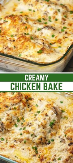 two pictures of chicken bake with cheese and parsley