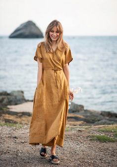 Maxi Linen Wrap Dress Delilah | linenhandmadestudio.com Wrap Dress Maxi, Linen Beach Dress, Dress With Kimono, Casual Cottagecore, Maxi Summer Dress, Natural Linen Dress, Linen Wrap Dress, Linen Kimono, Long Linen Dress