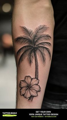 a palm tree and flower tattoo on the arm