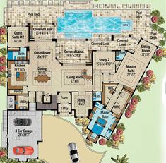 this is an image of a house plan with pool and hot tub in the middle