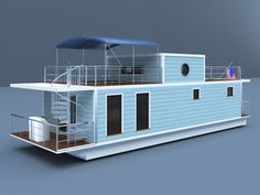 a houseboat is shown with stairs and balconies on the deck, which are connected to an awning