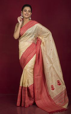 Premium Quality Tussar Silk Mahapar Nakshi Work Saree in Beige, Red and Black Saree Trends, Tussar Silk Saree, Work Sarees, West Bengal, New Launch, Indian Sarees, Raw Silk