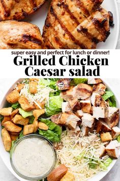 grilled chicken caesar salad on a plate with dressing