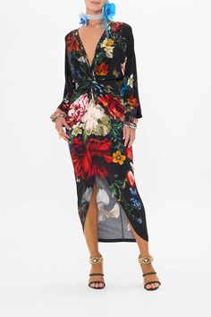 Long Split Front Twist Dress in A Still Life Front Twist Dress, Twist Dress, Twisted Dress, Wedge Heel Boots, Button Outfit, Bodysuit Blouse, Bold Floral Print, Statement Sleeves, Twist Knot