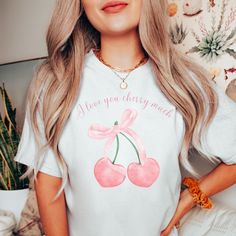 Get ready to be OBSESSED with your new Cherry shirt. It's the cutest and most trendy way to emit all those coquette vibes! This is the perfect romantic tshirt! Great as a gift! * Q U I C K * F A C T S * ✺ 100% preshrunk cotton ✺ Wash and dry normally inside out (on cool for best results) * S I Z I N G * ✺Comfort Colors C1717 ✺ Sizing is unisex so runs like men's, though not overly large ✺ Most women find their typical size works best, since they are meant to fit a touch loose ✺ See size guide in photos for more info * S H I P P I N G * T I M E S * ✺ Our items are individually made with love for each of our buyers. Because of this, our processing time is 2-5 business days (depending on order volume) plus transit time, but typically much faster. We know our customers want their items as quic Cute Valentine's Day Shirt With Graphic Print, Sweet Summer Tops As Gift, Sweet Summer Tops For Gift, Sweet Cotton Tops As Gift, Cute Summer Shirt As A Gift, Cute Letter Print Shirt For Valentine's Day, Cute Valentine's Day Shirt With Letter Print, Cute Cotton Shirt As Gift, Cute Letter Print Tops For Valentine's Day