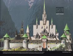 a castle with green spires and mountains in the background