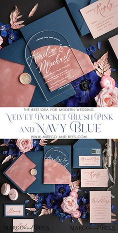 the wedding stationery is laid out on top of each other, with different colors and designs