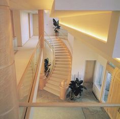 a spiral staircase leading up to the second floor with potted plants on either side