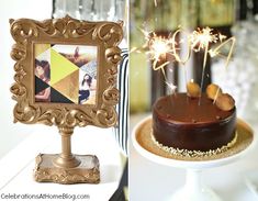 a chocolate cake with sparklers in the shape of numbers on it and an image of a couple