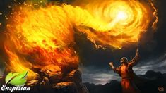 a man standing in front of a giant fireball with his arms up and hands out