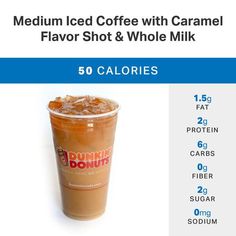 a cup of iced coffee with caramel flavor shot and whole milk, 50 calories