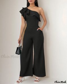 Olivia Mark - One-Shoulder Ruffle Hem Jumpsuit Black V-neck Jumpsuit With Ruffles, Black Jumpsuit, Ruffle Hem, One Shoulder, Jumpsuit, Black