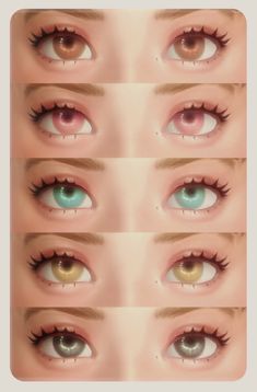 four different types of eyes with long lashes and green eyeliners, all showing different colors