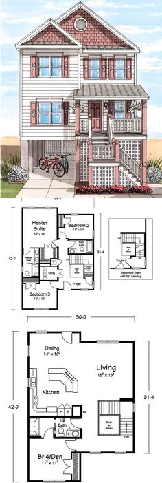 two story house plans with garage and living room on the first floor, one bedroom is above